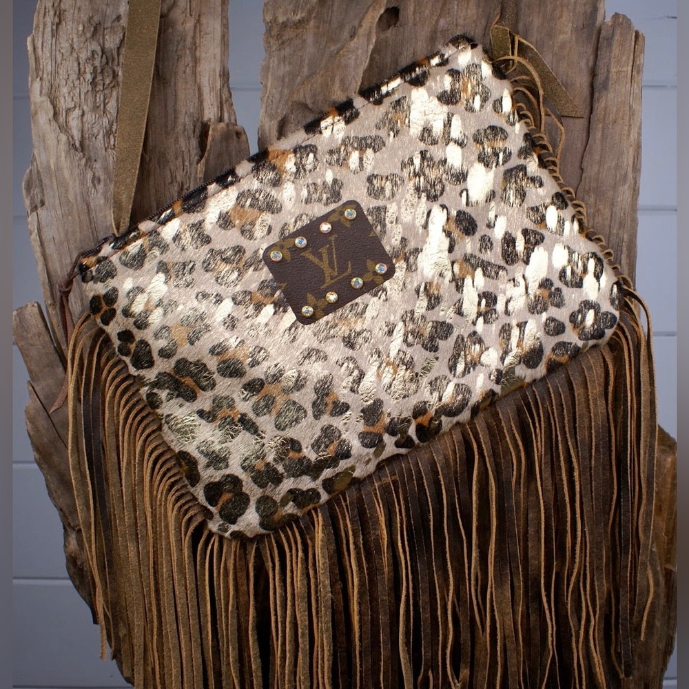 Repurposed Leopard Print Crossbody Bag with Fringe